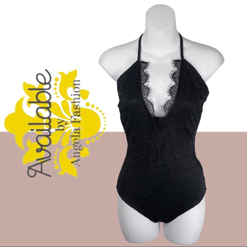 Available by Angela Fashion Deep V Bodysuit Top Club Cocktail Teddy Black S